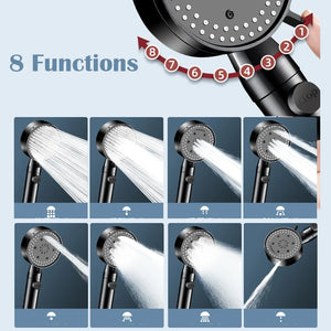 8 Modes Handle Shower Head Turbocharger Spa Water Saver Black Faucet Replete For Bath Holder Hose Bathroom Accessories Sets