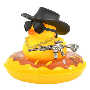 Office Decoration Car Rubber Duck Decoration Dashboard Yellow Duck with Hat Sunglasses Gold Chain Swim Ring for Party Favors