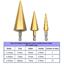 Load image into Gallery viewer, 4-12/4-20/4-32mm Hexagonal Straight Groove Titanium Plated Ladder Drill 3pc Pagoda Drill Bit Electric Tool Accessory Set
