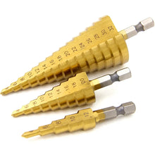 Load image into Gallery viewer, 4-12/4-20/4-32mm Hexagonal Straight Groove Titanium Plated Ladder Drill 3pc Pagoda Drill Bit Electric Tool Accessory Set
