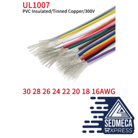2M/5M UL1007 PVC Tinned Copper Wire Cable 30/28/26/24/22/20/18/16 AWG White/Black/Red/Yellow/Green/Blue/Gray/Purple/Brown/Orange. Sedmeca Express. Instrumentation and Electrical Materials.