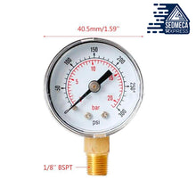Load image into Gallery viewer, 40mm Face Pressure Gauge 1/8&quot; BSPT Bottom Mount 15,30,60.100,160 200, 300 PSI &amp; Bar for Air Gas Water Fuel Liquid. Sedmeca Express. Hand Tools &amp; Equipments.
