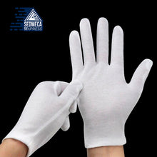 Load image into Gallery viewer, 6 Pairs White Gloves Inspection Cotton Work Gloves Jewelry Lightweight Hight Quality. The inspection gloves can avoid leaving fingerprints on coins, jewelry, glass, mirror, metal, silver, antique, and crafting. Wear these cotton gloves for handling film where you need to handle archive, photography, and albums.  SEDMECA EXPRESS. Personal Protective Equipment.
