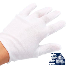 Load image into Gallery viewer, 8PCS= 4Pairs White Cotton Gloves Soft Thin Coin Jewelry Inspection Work Gloves Cotton The spa gloves are 8.6”/21.8cm in length, slightly stretchable to fit most women and men, feels soft and lightweight. The white cotton gloves for eczema are washable in washing machines, can be reused many times. SEDMECA EXPRESS. Personal Protective Equipment.
