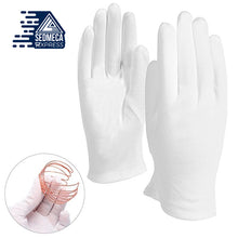 Load image into Gallery viewer, 8PCS= 4Pairs White Cotton Gloves Soft Thin Coin Jewelry Inspection Work Gloves Cotton The spa gloves are 8.6”/21.8cm in length, slightly stretchable to fit most women and men, feels soft and lightweight. The white cotton gloves for eczema are washable in washing machines, can be reused many times. SEDMECA EXPRESS. Personal Protective Equipment.
